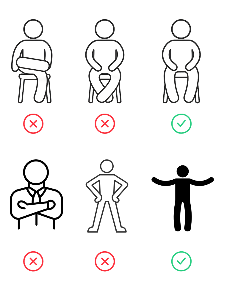 Berbagai contoh bahasa tubuh yang terbuka dan tertutup saat melakukan komunikasi.